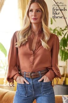 Friends Like These Rust Brown Petite Tie Cuff Puff Sleeve Button Through Blouse (K52213) | SGD 72