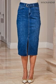 Sosandar Blue Buckle Belt Denim Midi Skirt (K52248) | 42 €