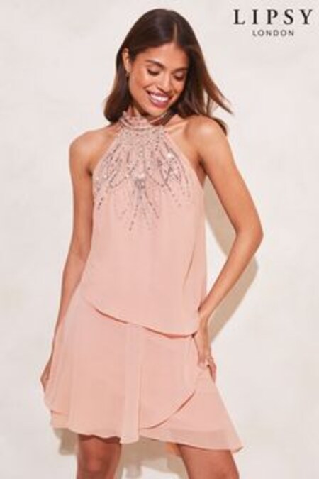 Lipsy Nude Halter Sequin Embellished Swing Dress (K52558) | €71