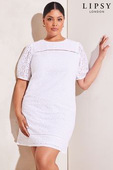 Lipsy White Curve Broderie Puff Sleeve Shift Dress (K52595) | €24