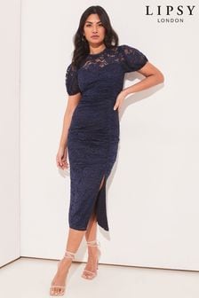 Lipsy Navy Ruched Front Lace Puff Sleeve Midi Dress (K52617) | 33 €