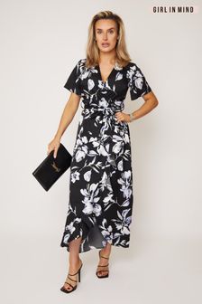 Girl In Mind Black Floral Petite Farren Wrap Maxi Dress (K53093) | €17