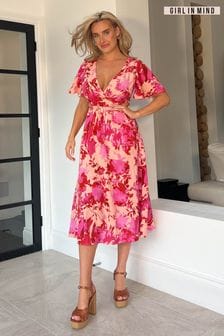 Girl In Mind Pink Peach Floral Cut Out Flutter Sleeve Midi Dress (K53097) | €28
