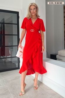 Girl In Mind Red Coral Quinn Wrap Detail Midi Dress (K53110) | €34