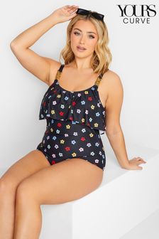 Yours Curve Black Naïve Daisy Frill Chain Tummy Support Swimsuit (K53171) | €21.50