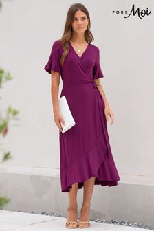 Pour Moi Purple Megan Slinky Recycled Stretch Frill Detail Midi Wrap Dress (K53521) | $81
