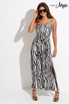 Pour Moi Black/White Zebra Removable Straps Shirred Split Maxi Dress (K53631) | €23