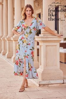 Friends Like These Blue Floral Short Sleeve V Neck Button Through Midaxi Dress (K53762) | LEI 251