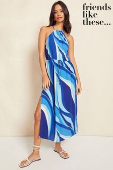 Friends Like These Blue Swirl Halter Belted Maxi Dress (K53852) | €25