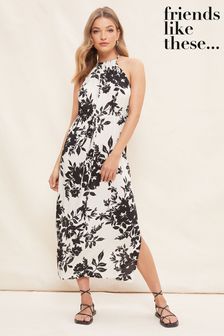 Friends Like These Black / White Floral Halter Belted Maxi Dress (K53854) | €21