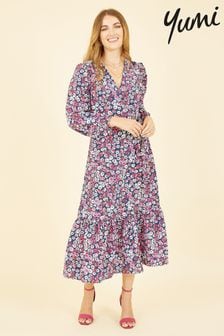 Yumi Pink Multi Daisy Print Wrap Midi Dress With Long Sleeves (K54225) | €47
