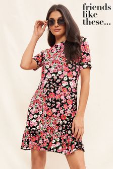 Friends Like These Pink Floral Print Short Sleeve Ruffle Hem Jersey Mini Dress (K54450) | $67