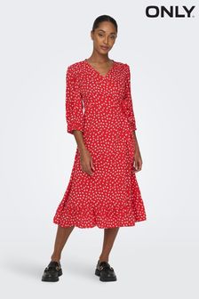 ONLY Red Ditsy Floral Long Sleeve Wrap Midi Dress (K54481) | 38 €