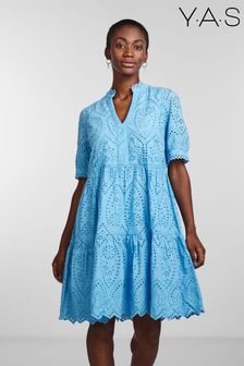 Y.A.S Blue Short Sleeve Broiderie Tiered Dress (K54659) | AED416