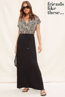 Friends Like These Monochrome Animal Short Sleeve Wrap V Neck Tie Waist Summer Maxi Dress (K54882) | $63