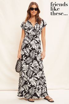 Friends Like These Black/White Tropical Short Sleeve Wrap V Neck Tie Waist Maxi Dress (K54888) | €57