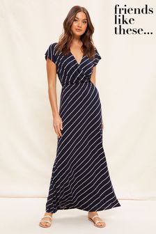 Friends Like These Navy Print Short Sleeve Wrap V Neck Tie Waist Summer Maxi Dress (K54899) | TRY 735