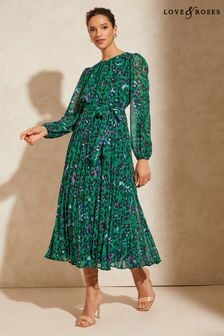 أخضر شكل جلد فهد - فستان متوسط الطول مطبوع بحزام بطيات بكم طويل من Love & Roses (K54999) | 268 د.إ