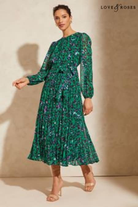 أخضر شكل جلد فهد - فستان متوسط الطول مطبوع بحزام بطيات بكم طويل من Love & Roses (K54999) | 336 ر.ق