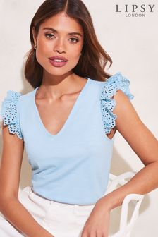 Lipsy Blue V-Neck Broderie Frill Vest Top (K55265) | €12