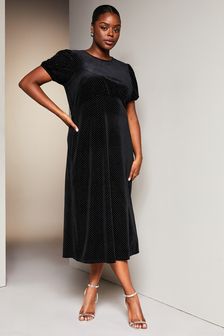 Czarny aksamit - Sukienka midi z bufiastym rękawem Lipsy z dżerseju (K55322) | 222 zł