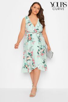 Yours Curve Green London Floral Sleeveless Double Ruffle Wrap Dress (K55354) | €35