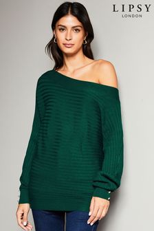 Lipsy Green Ribbed Off The Shoulder Knitted Jumper (K55559) | $40