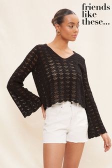 Friends Like These Black Crochet Scoop Neck Long Flute Sleeve Top (K55630) | €25