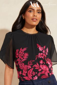 V&A | Love & Roses Black Floral Tulip Sheer Sleeve Lace Trim Blouse Top (K55797) | €24