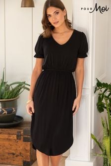 Czarny - Dżersejowa sukienka midi Pour Moi Jenny z bufiastymi rękawami (K55905) | 122 zł
