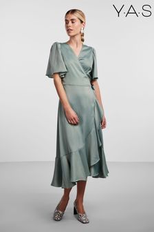 Y.A.S Sage Satin Short Sleeve Wrap & Ruffle Midi Occasion Dress (K55927) | $109