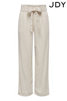 JDY Cream Linen Blend Tie Waist Wide Leg Trousers (K56154) | LEI 179