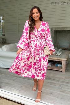 In The Style Pink Floral Jac Jossa Floral Print Long Sleeve Pleated Midi Dress (K56222) | 37 €