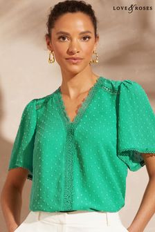 Grün - Love & Roses Dobby-Bluse mit Spitzenbesatz, V-Ausschnitt und Flatterärmeln (K56273) | 26 €