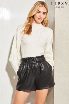 Lipsy Black Faux Leather Belted Paperbag Shorts (K56290) | €43