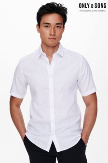 Only & Sons White Short Sleeve Button Up Shirt Contains Linen (K56412) | kr590