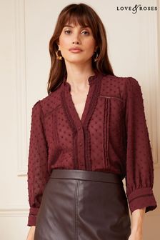 Love & Roses Burgundy Red Dobby Spot Lace Trim 3/4 Sleeve Button Through Blouse (K56585) | 112 zł
