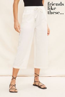 Friends Like These Ivory White Cropped Wide Leg Culottes With Linen (K56661) | OMR12