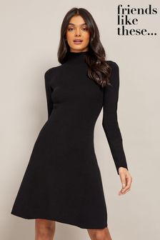 Friends Like These Black Petite Long Sleeve Fit and Flare Knitted Midi Dress (K56972) | AED244
