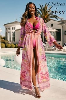 Lipsy Pink Floral Printed Sheer Tie Front Long Sleeve Summer Kimono (K57178) | €34