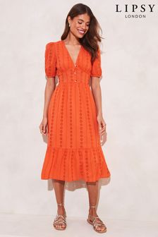Lipsy Orange Broderie V Neck Puff Sleeve Midi Summer Dress (K57200) | €22