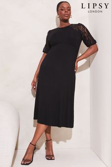 Lipsy Black Lace Curve Jersey Puff Short Sleeve Underbust Midi Dress (K57232) | €67