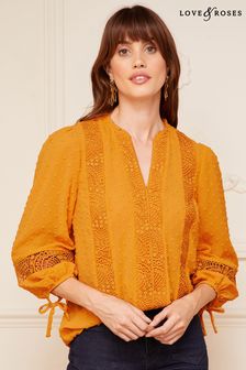 Love & Roses Yellow Ruffle Neck Lace Trim Tie Cuff 3/4 Sleeve Dobby Spot Blouse (K57670) | €22