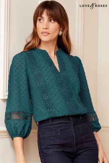 Love & Roses Green Ruffle Neck Lace Trim Tie Cuff 3/4 Sleeve Dobby Blouse (K57672) | €44