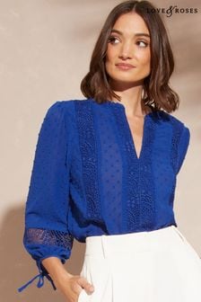 Синий кобальт - Love & Roses блузка в горошек с кружевной отделкой и завязкой на рукавах 3/4 (K57684) | €24