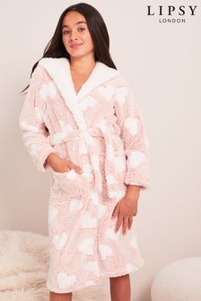 Lipsy Pink Heart Print Cosy Fleece Longer Line Dressing Gown (K57729) | $55 - $73
