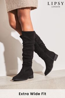 Lipsy Black Extra Wide Fit Suedette Ruched Knee High Boot (K57758) | 26,690 Ft