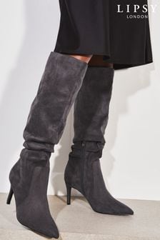 Lipsy Grey suedette Regular Fit Long Knee High Ruched Mid Heeled Boot (K57760) | €61
