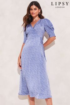 Lipsy Blue Spot Puff Sleeve Wrap Midi Dress (K58274) | €27