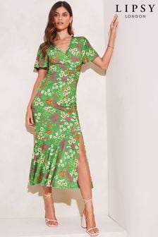 Lipsy Green Floral Jersey Print Flutter Sleeve Ruched Wrap Midi Dress (K58278) | €20.50